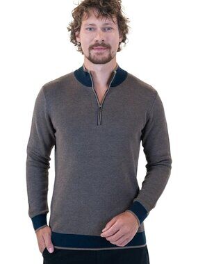 Mizumi Brown with Navy Contrast Half Zip Knit Pullover/23436